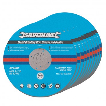 Silverline Metal Grinding Discs Depressed Centre 10pk 115 x 6 x 22.23mm