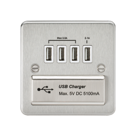 Knightsbridge FPQUADBCW Flat Plate 1G Quad USB Charger Outlet 5V DC 5.1A - Brushed Chrome With White Insert