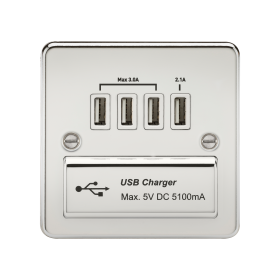 Knightsbridge FPQUADPCW Flat Plate 1G Quad USB Charger Outlet 5V DC 5.1A - Polished Chrome With White Insert