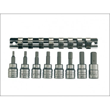 Teng M3811 Socket Clip Rail AF Hex 8 Piece Set 3/8 Drive